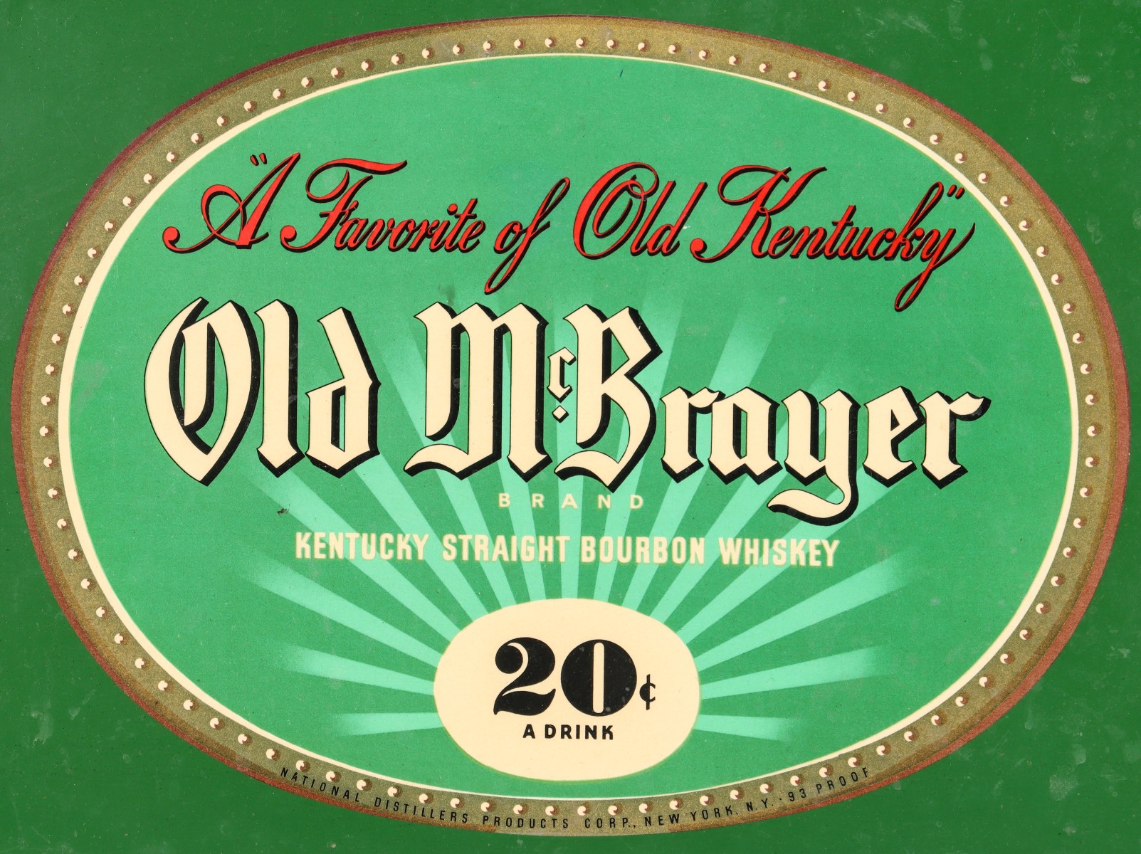 A CELLULOID FRONT SIGN FOR OLD McBRAYER BOURBON WHISKEY