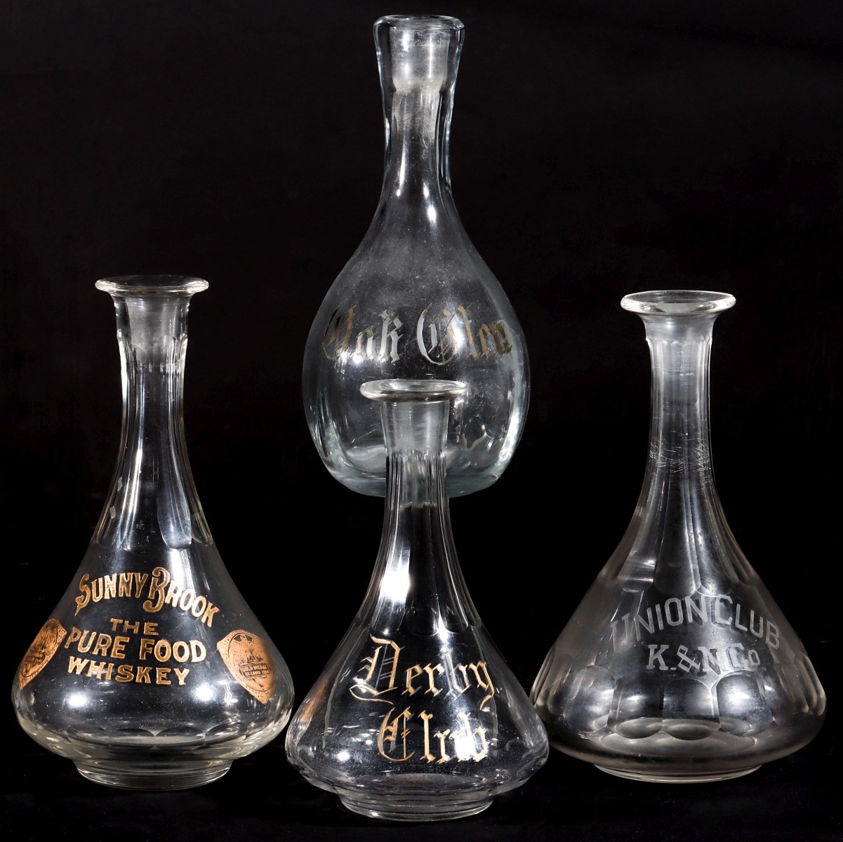 BACK BAR WHISKEY DECANTERS WITH ETCHED ADVERTISING