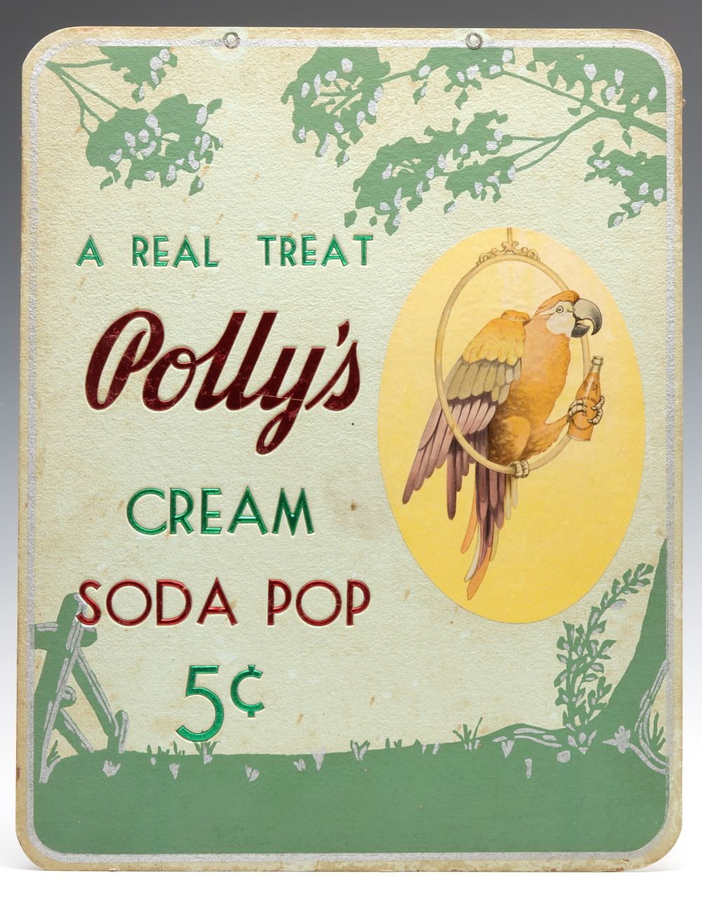 A VERY RARE POLLY'S POP 5Â¢ CREAM SODA ADVERTISING SIGN