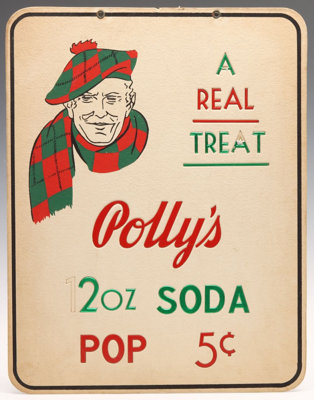 A POLLY'S 5Â¢ SODA CARDSTOCK ADVERTISING SIGN C. 1940