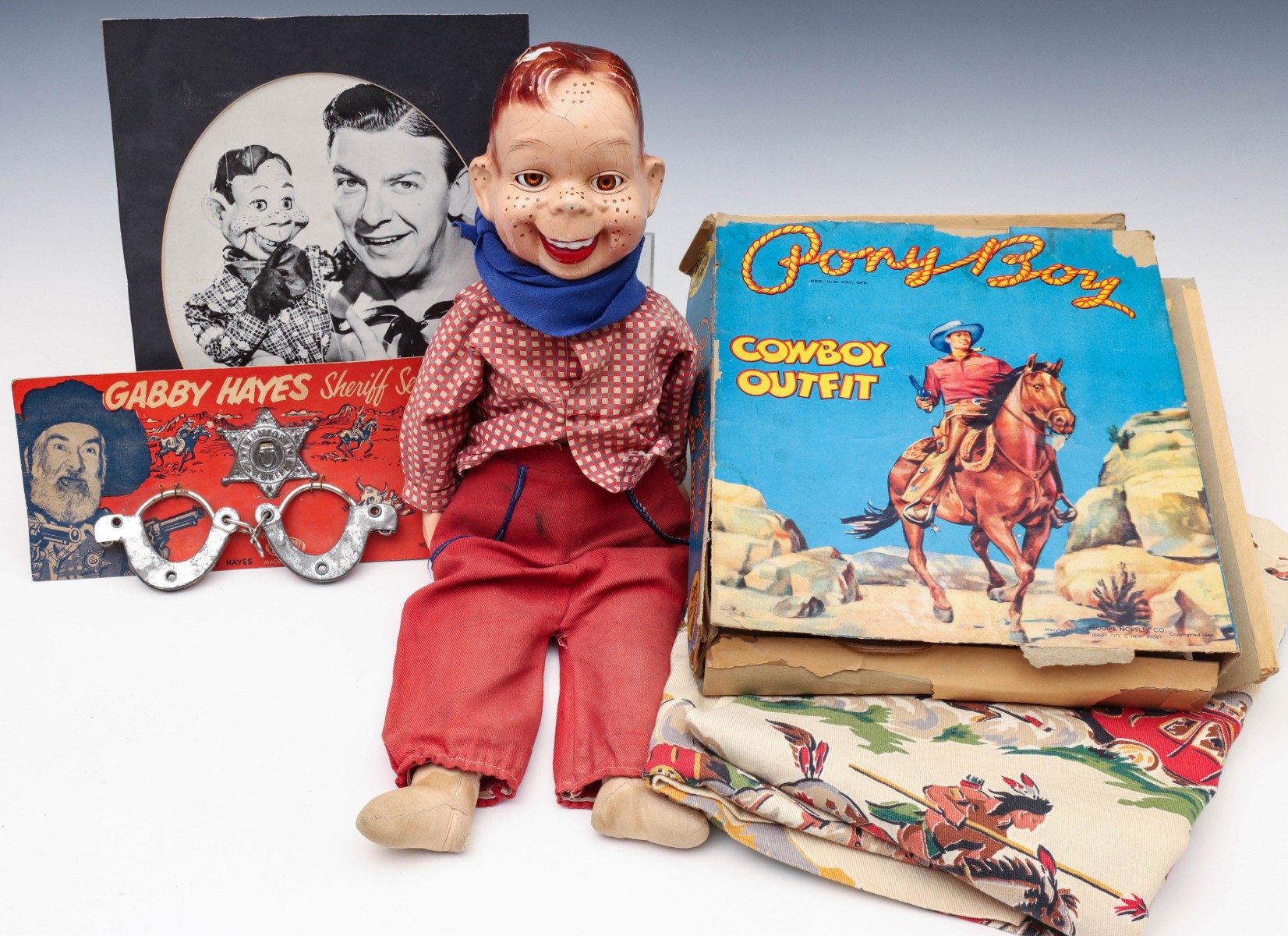 MID 20TH C. COWBOY CURTAINS AND TOYS, HOWDY DOODY DOLL
