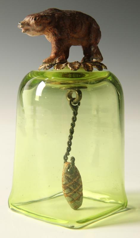 A RARE 19TH C. FRENCH GREEN FLINT GLASS BELL WITH BEAR