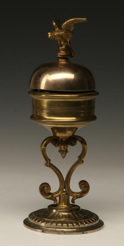 A BRASS AND NICKEL DESK BELL WITH PARROT FINIAL C. 1900