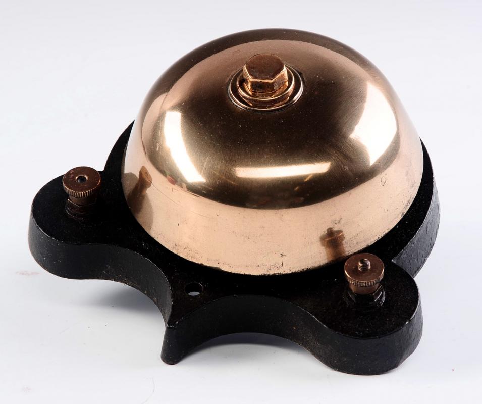 AN EARLY ELECTRIC BRASS BELL WITH OUTSIDE TERMINALS