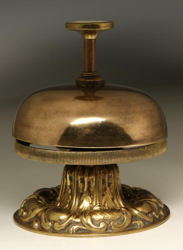 A GOOD ANTIQUE BRASS DESK BELL WITH PEARL BUTTON