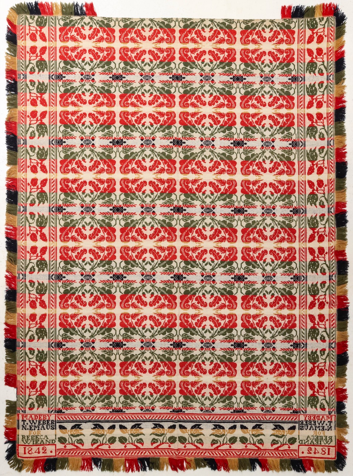A WOVEN JACQUARD COVERLET SIGNED AND DATED 1842