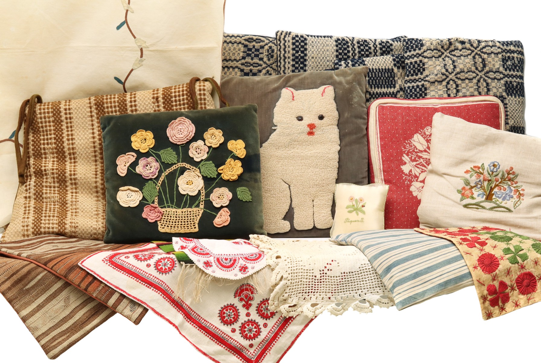 NEEDLEWORK, EMBROIDERY, TEXTILES, AND COVERLET PILLOWS