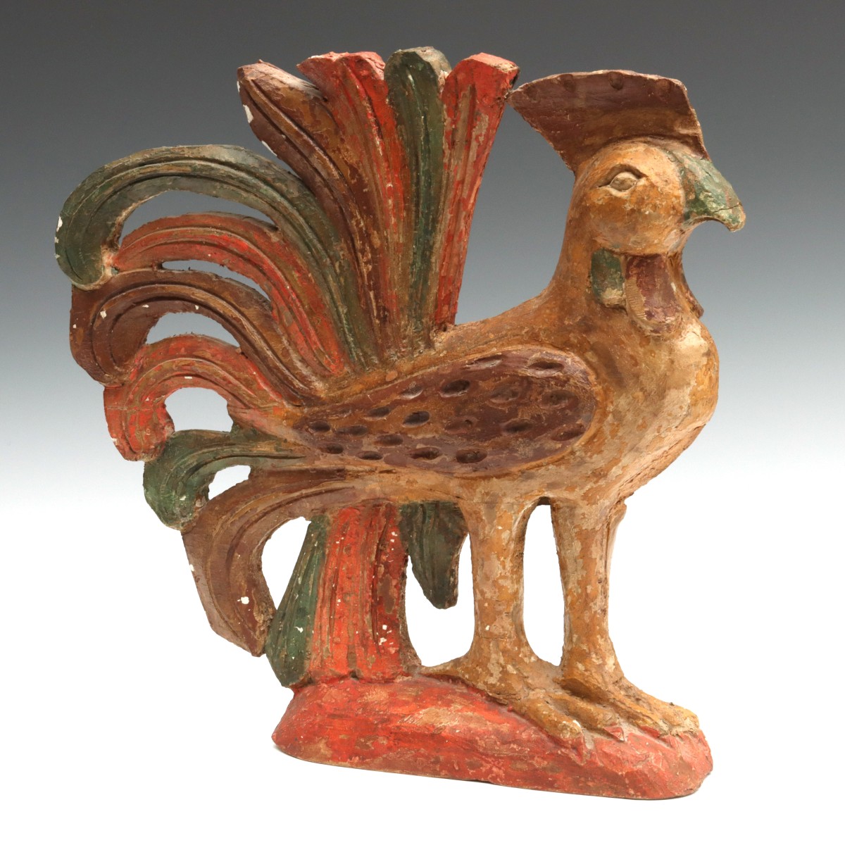 CARVED, GESSOED AND PAINTED FANCY TAIL FOLK ART ROOSTER