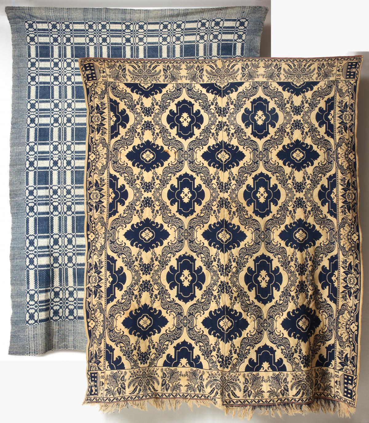 AN 1856 BLUE WHITE JACQUARD COVERLET ATTRIBUTED CRAIG