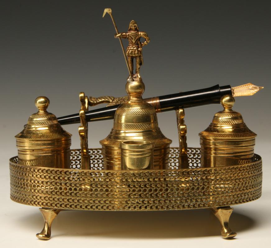 A LATE 20TH CENTURY BRASS INKWELL WITH BELL