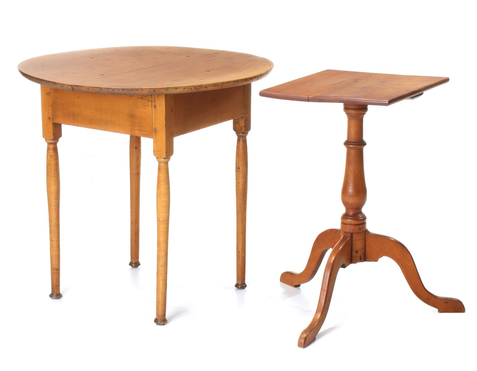 A 19TH C. TAVERN TABLE AND 19TH C. MAPLE CANDLE STAND