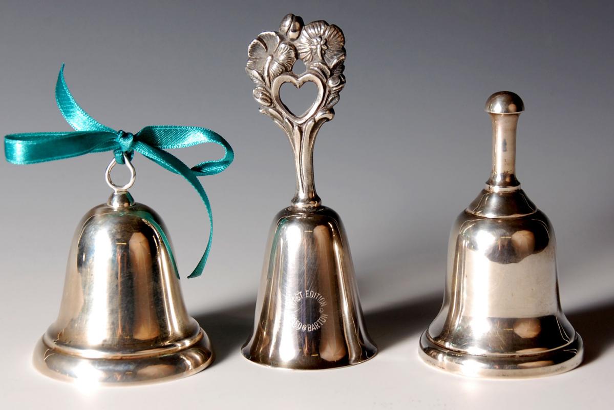 TWO REED & BARTON STERLING SILVER BELLS, PLUS ANOTHER