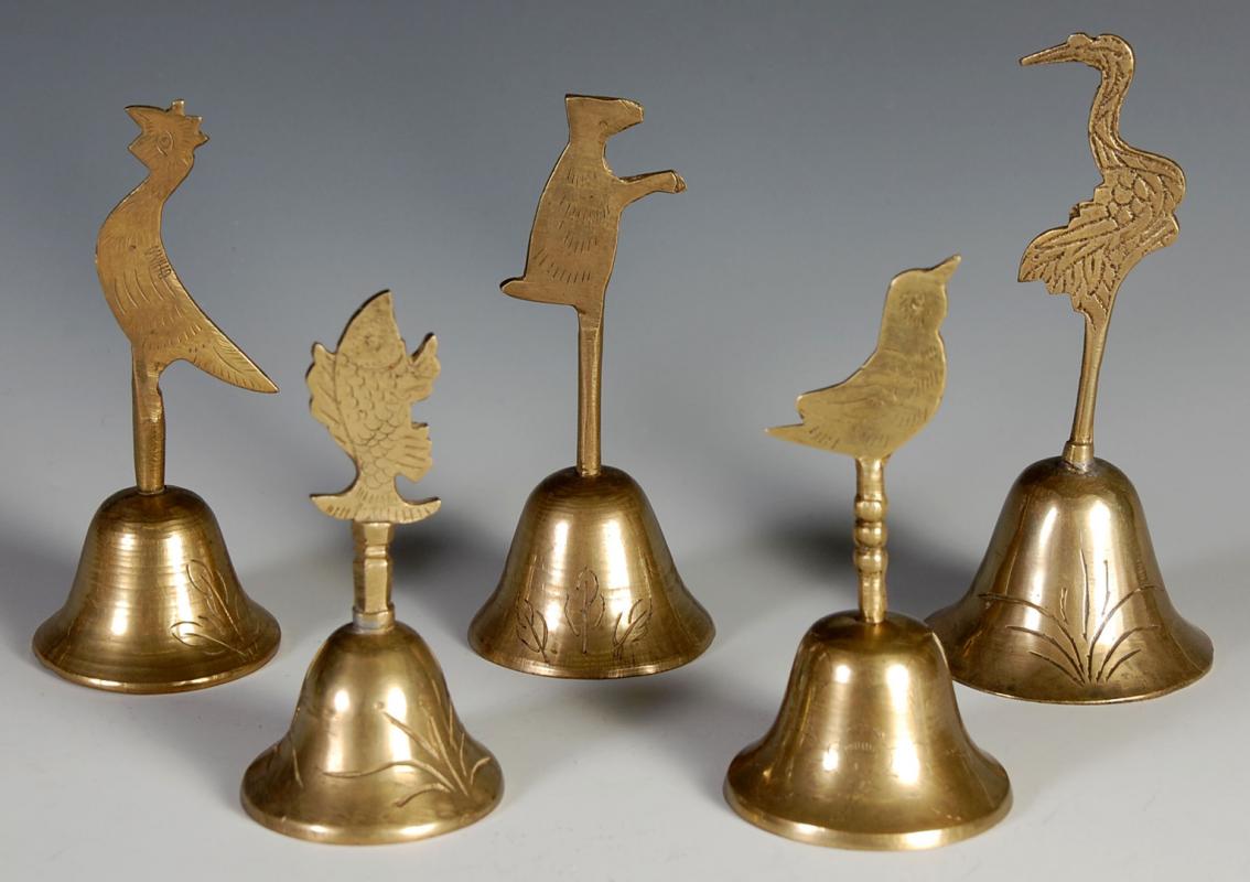 FOUR BRASS BELLS WITH FIGURAL ANIMAL HANDLES
