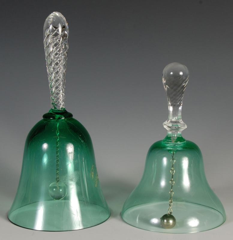 TWO MURANO GREEN AND CLEAR GLASS BELLS