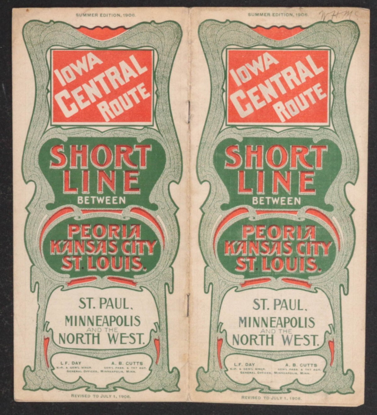 IOWA CENTRAL RTE. SHORT LINE TIMETABLE FOR 1906