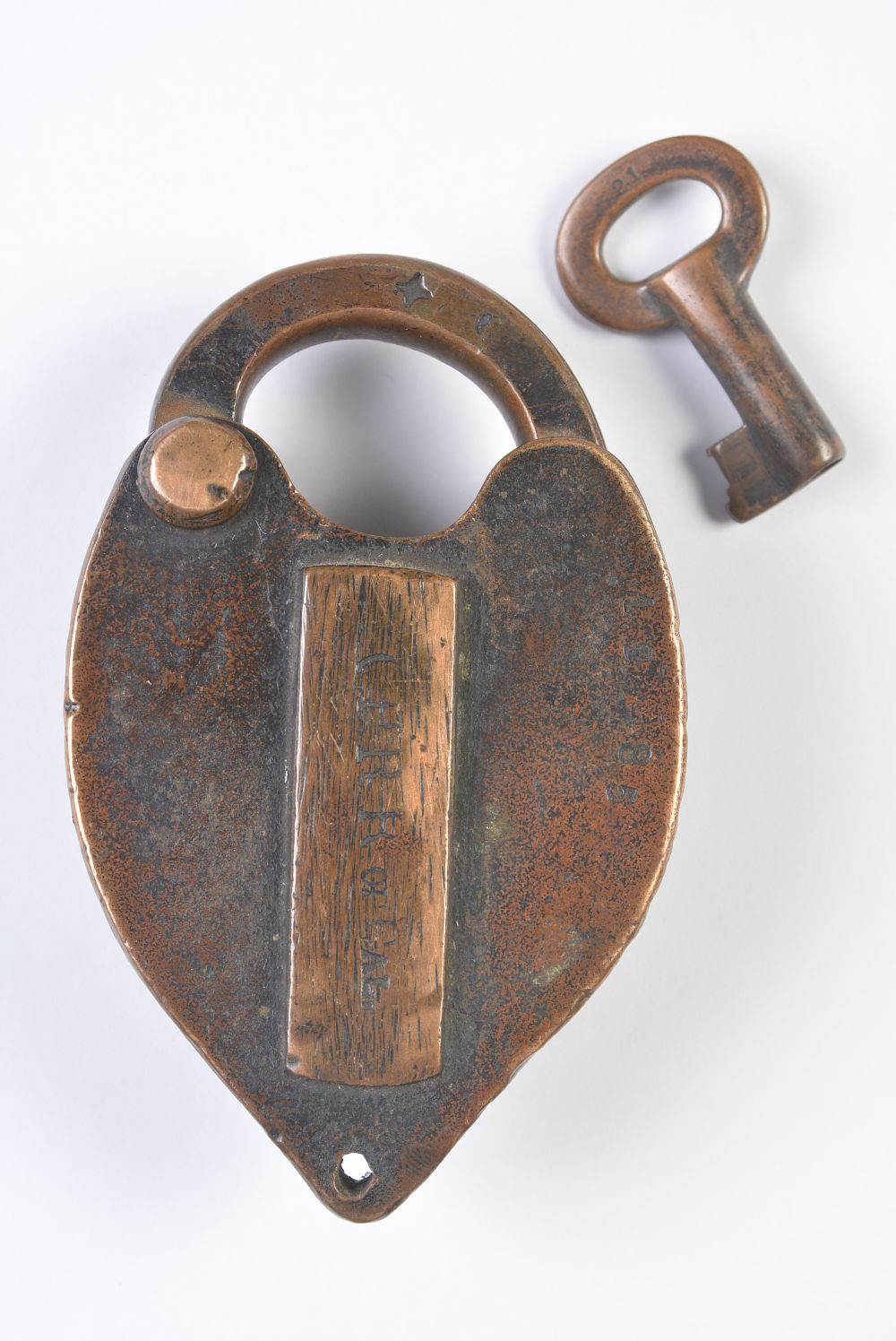 A HEART SHAPE BRASS PADLOCK STAMPED C.P.R.R. OF CAL