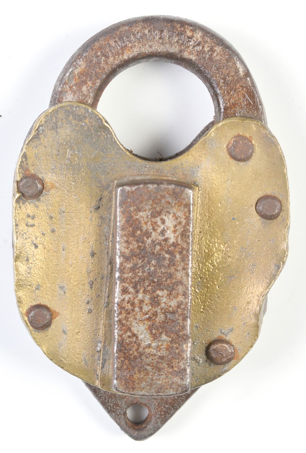 A HEART SHAPE BRASS AND IRON LOCK STAMPED N Y O & W RY