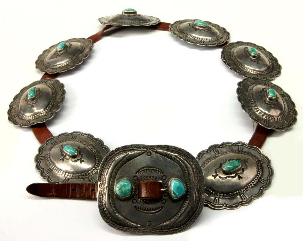 A GREAT PRIMITIVE SILVER AND TURQUOISE CONCHO BELT