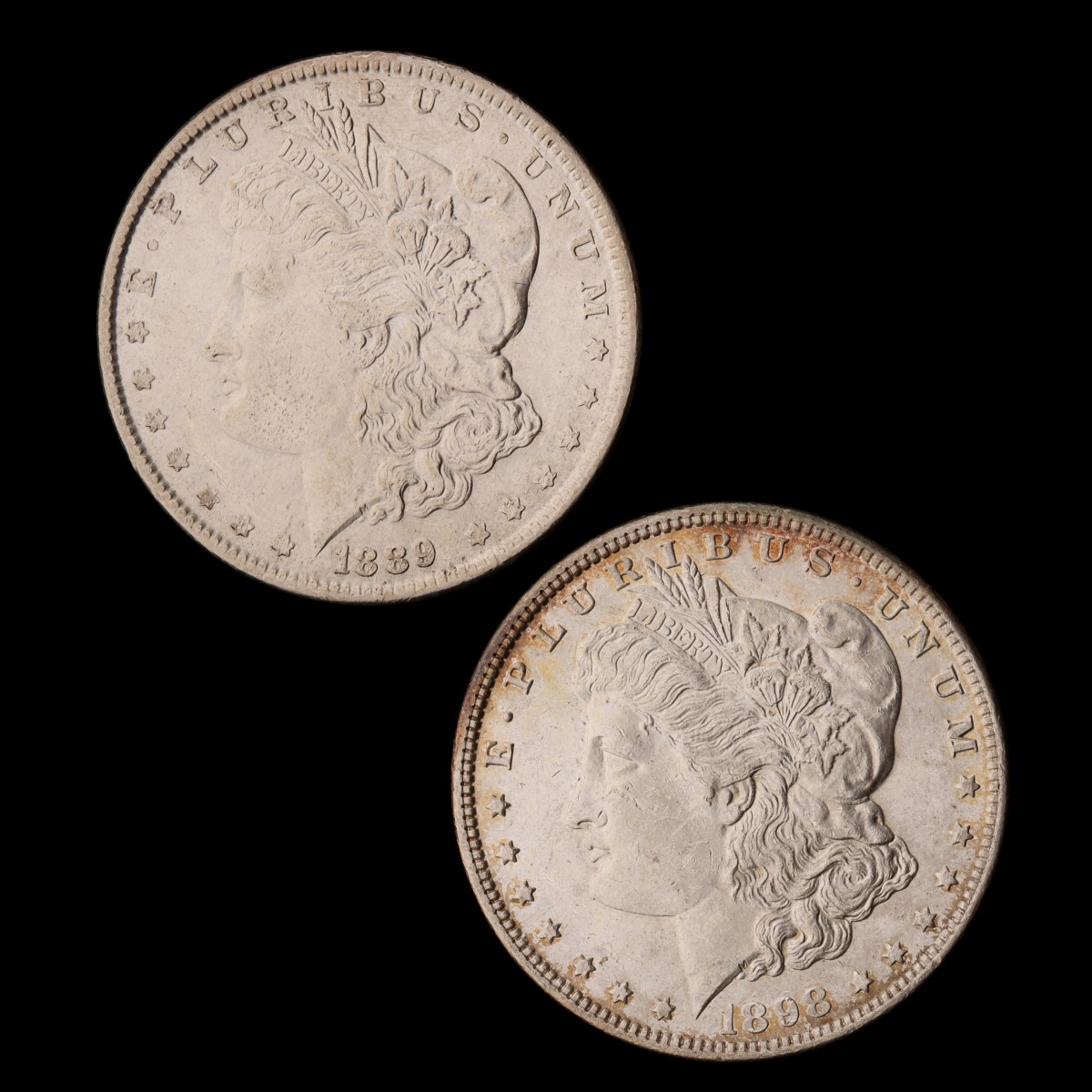 TWO HIGHER GRADE MORGAN SILVER DOLLARS, 1889 AND 1898