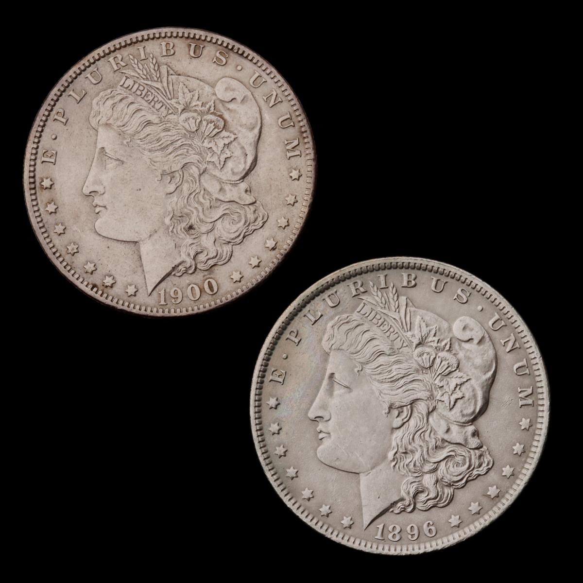 TWO HIGHER GRADE MORGAN SILVER DOLLARS, 1896 AND 1900