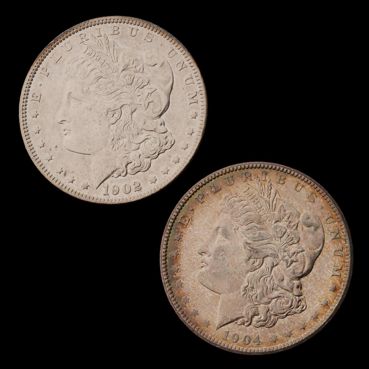 TWO HIGHER GRADE MORGAN SILVER DOLLARS, 1902 AND 1904-O