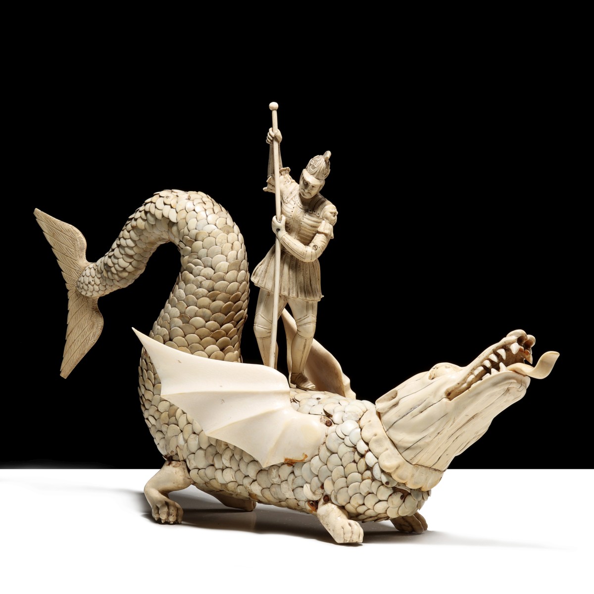 AN IMPORTANT 17TH C. IVORY ST. GEORGE AND THE DRAGON