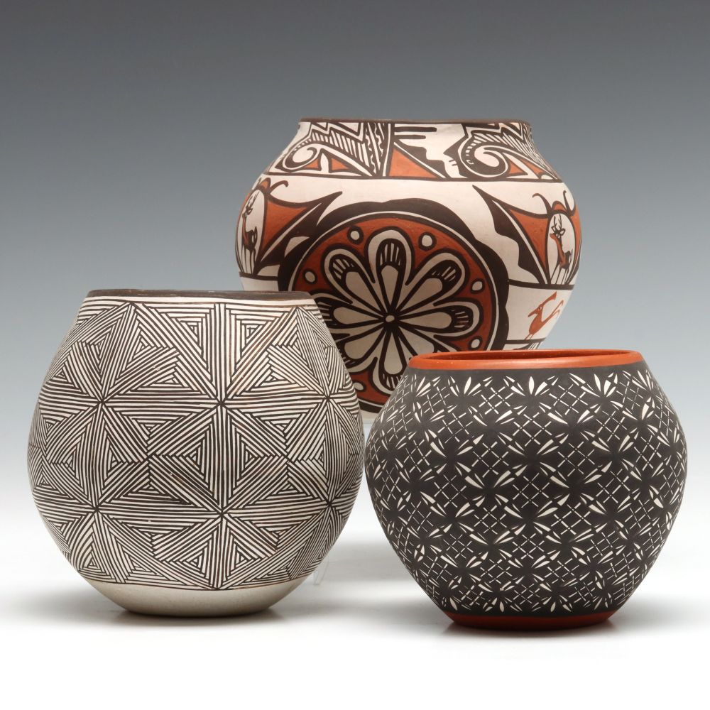 GREAT ACOMA FINELINE POTS OFFERED WITH A THIRD ZUNI POT