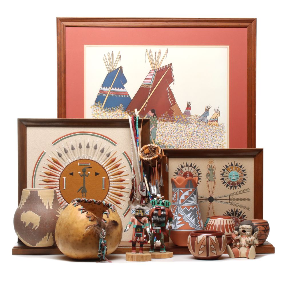 NATIVE AMERICAN POTTERY, PRINT AND SAND PAINTINGS