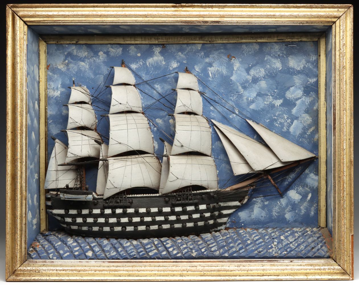 A 19TH C. DIORAMA WITH ARMED SHIP HAVING 54 CANNONS
