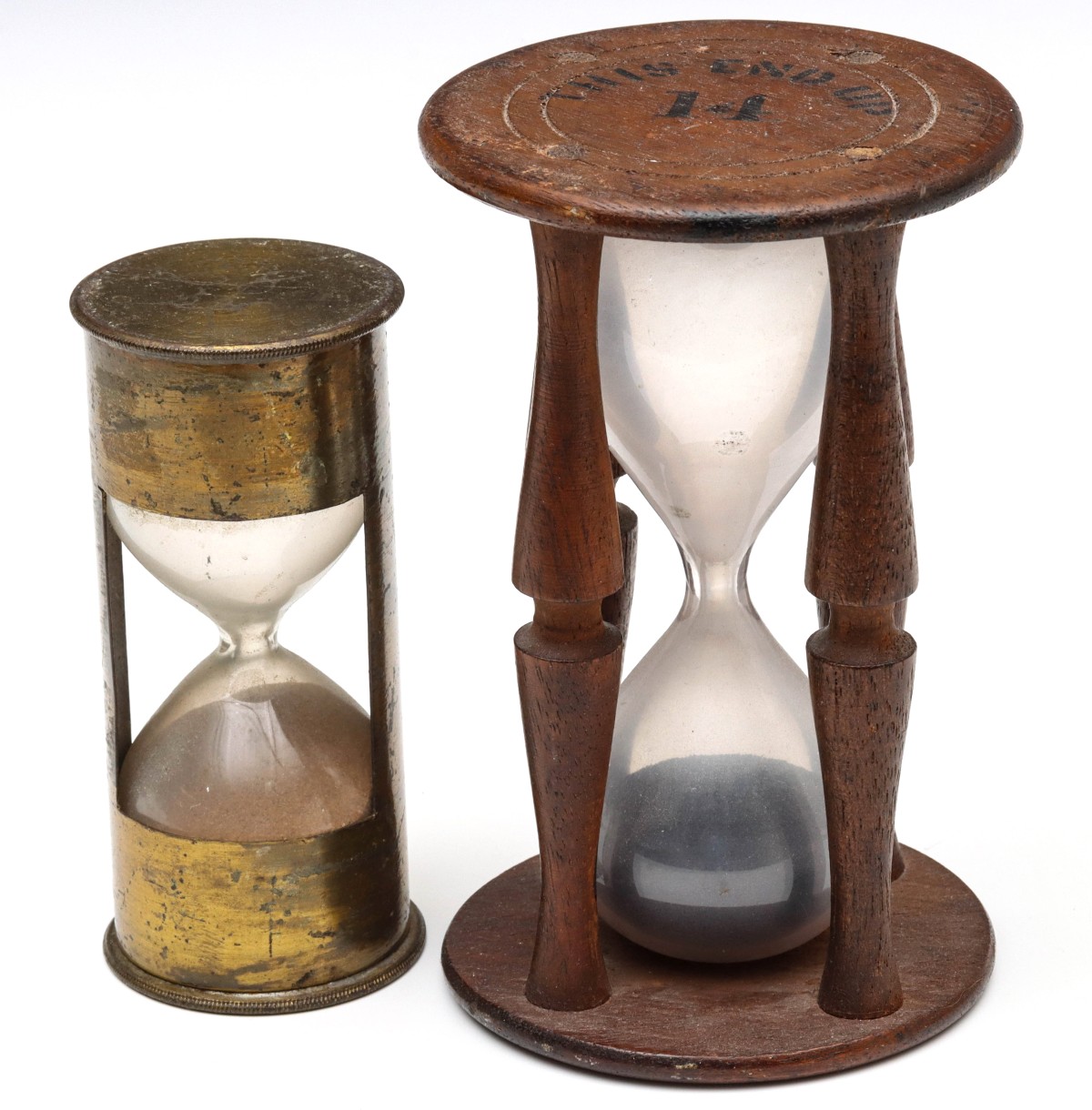 TWO 19TH C. MARINE SANDGLASS TIMEPIECES BRASS AND WOOD