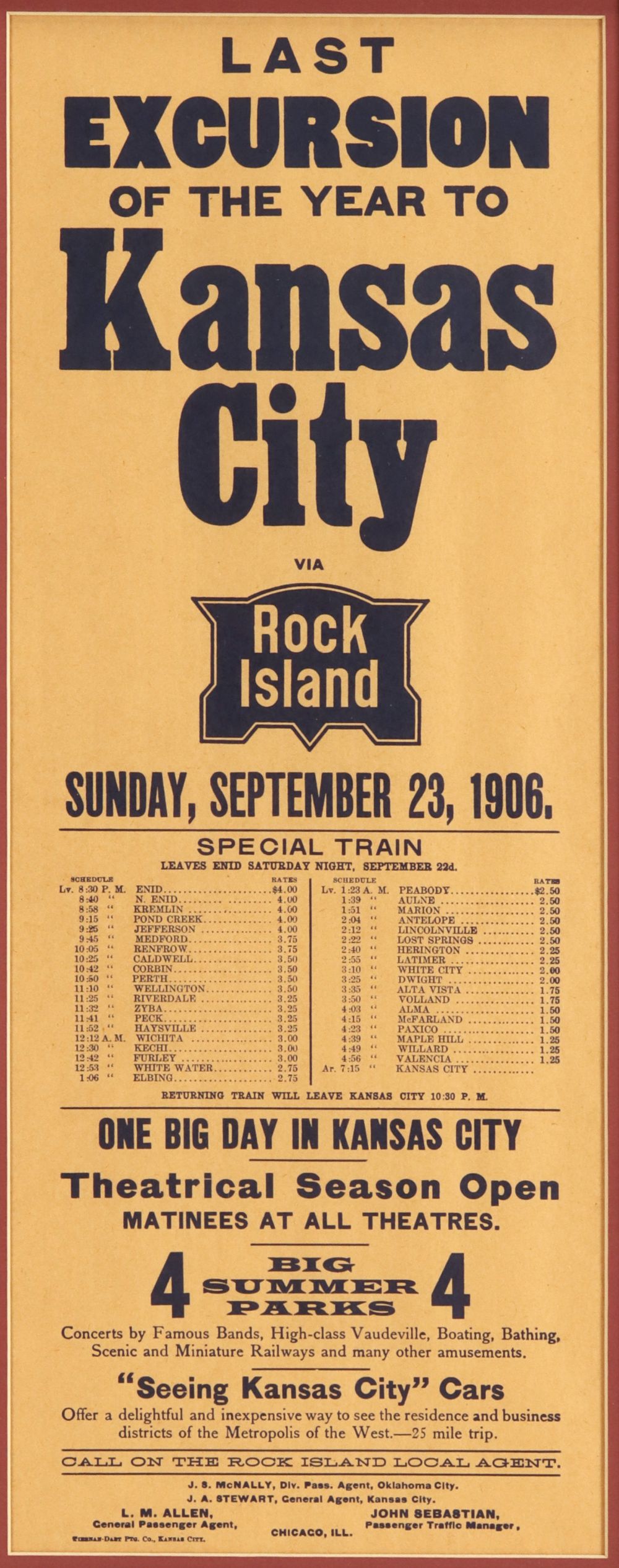 A ROCK ISLAND RAILROAD ADVERTISING BROADSIDE DATED 1906