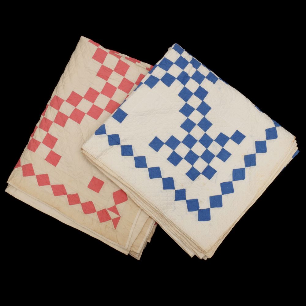 PINK AND BLUE QUILTS IN DOUBLE IRISH CHAIN PATTERN