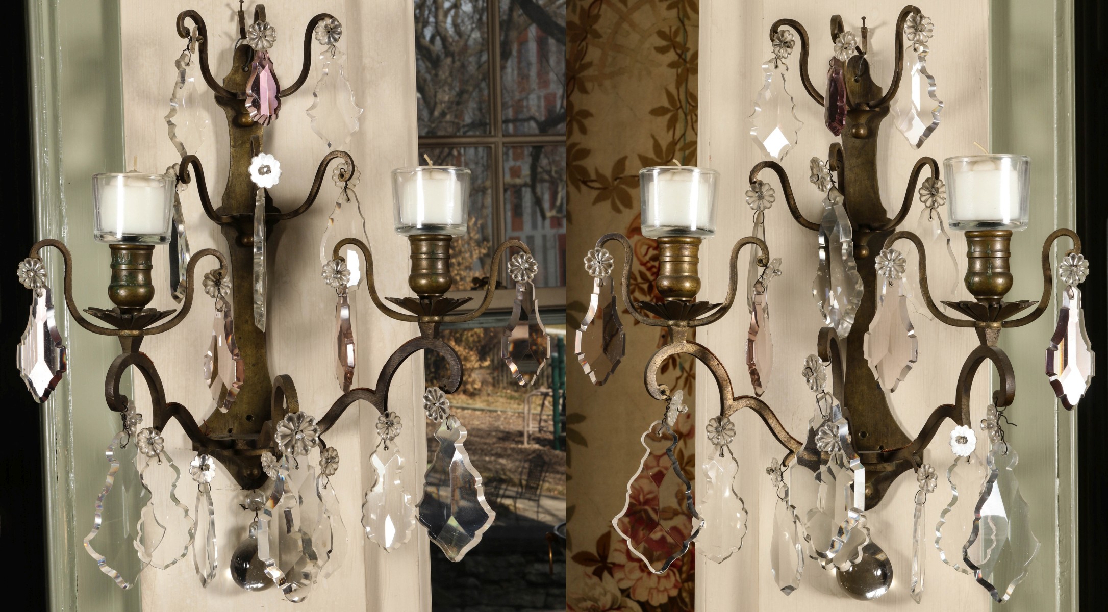 A PAIR FRENCH BRASS TWO-LIGHT SCONCES DRESSED IN PRISMS