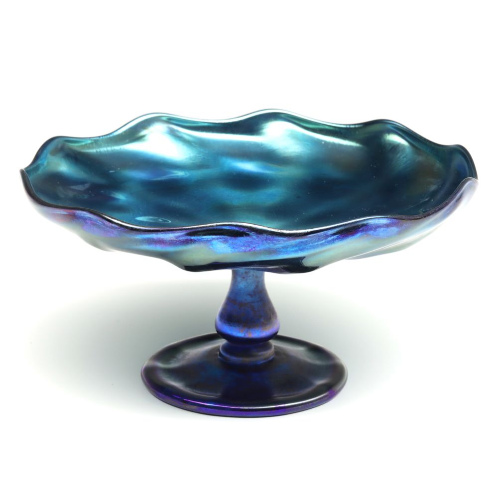 A TIFFANY BLUE FAVRILE ART GLASS COMPORT