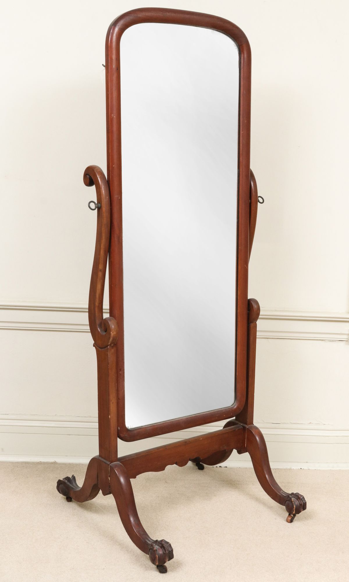 AN EARLY 20TH C. CHERRY PAW FOOT CHEVAL MIRROR