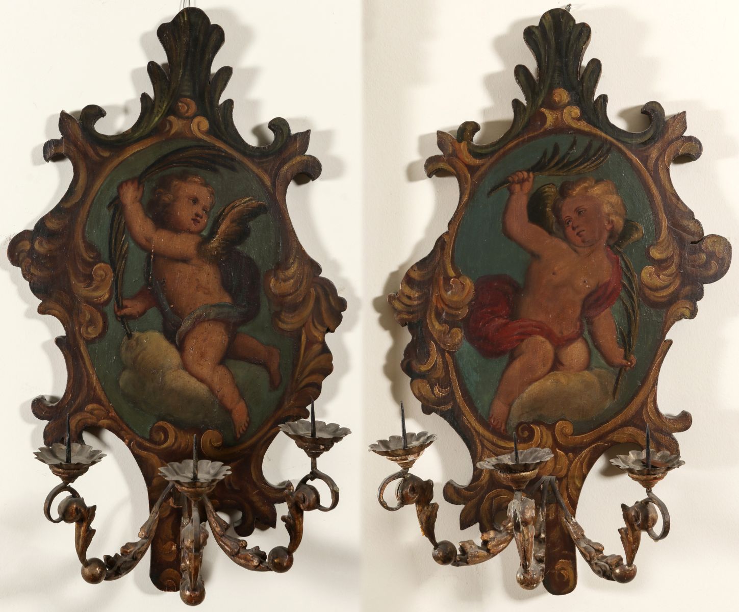 A GOOD PAIR 19TH C. ITALIAN PAINTED WOOD SCONCES