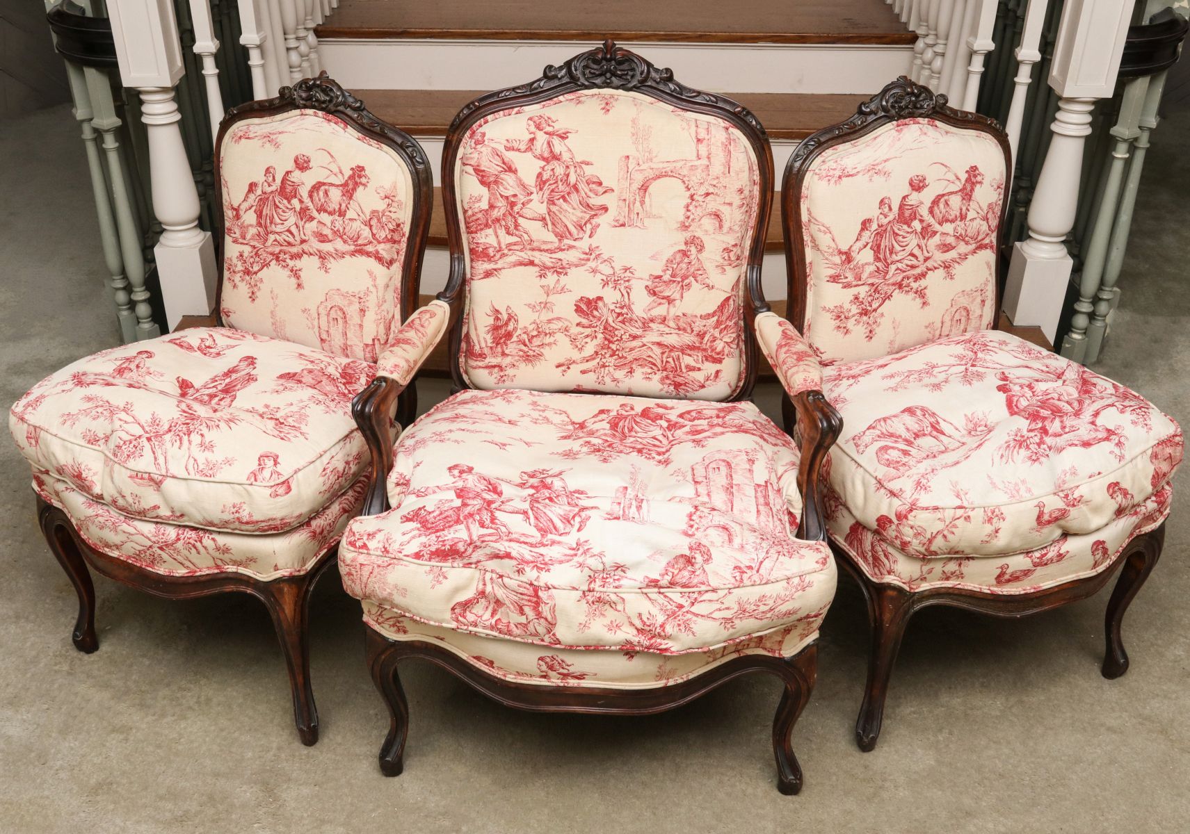 LOUIS XV STYLE SLIPPER AND ARM CHAIRS IN RED TOILE