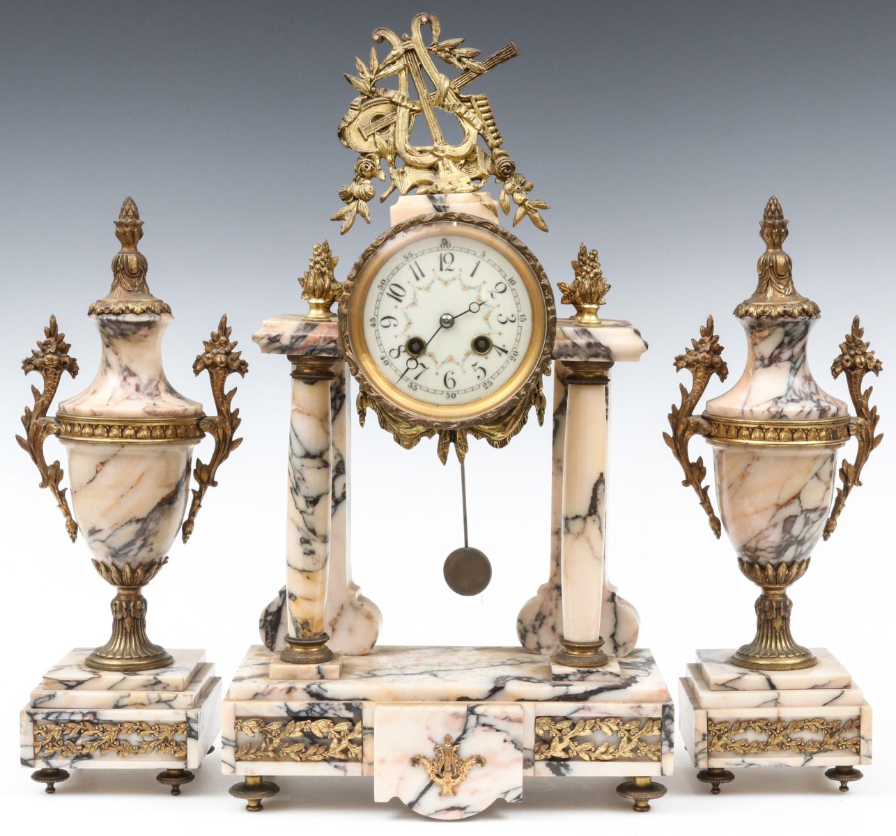 A 19TH C. FRENCH THREE PIECE MARBLE CLOCK SET