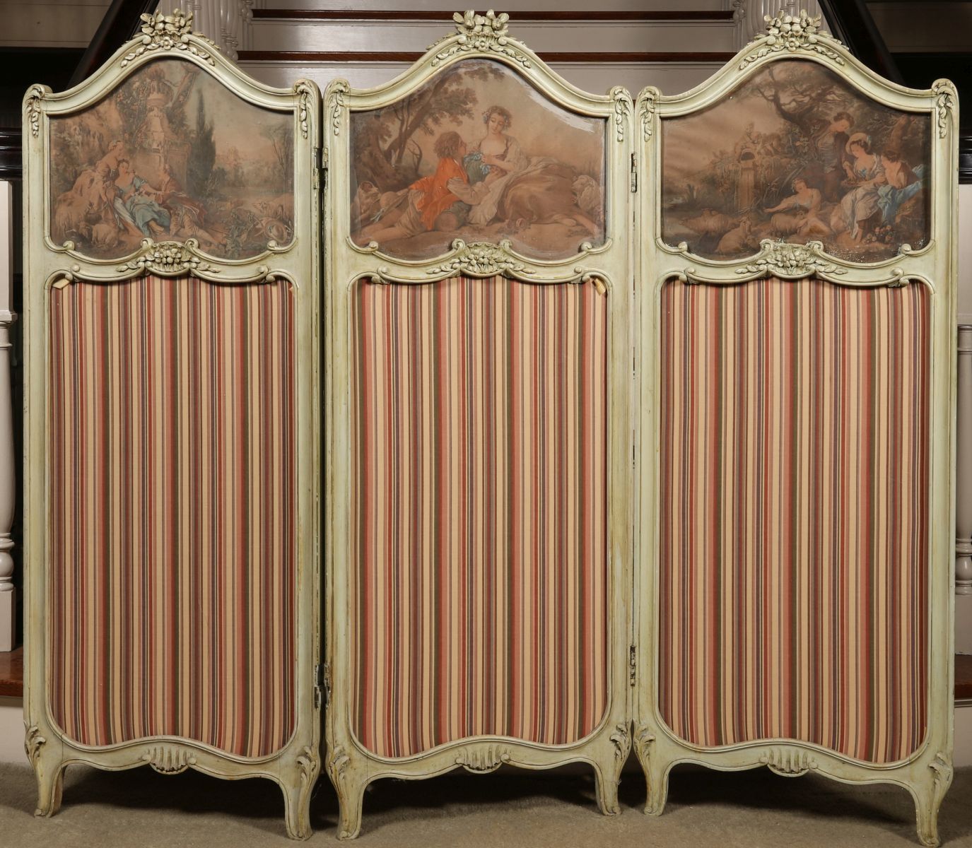 A CARVED AND PAINTED FRENCH DRESSING SCREEN