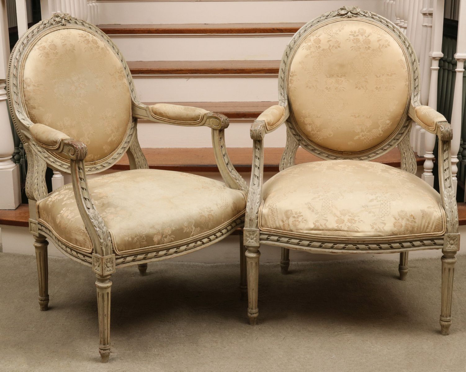 A PAIR LOUIS XVI STYLE OPEN ARM FAUTEUIL CHAIRS