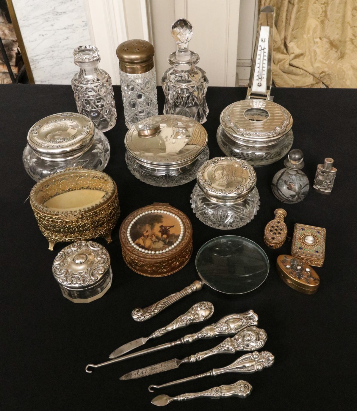 EDWARDIAN CUT GLASS DRESSER ITEMS WITH STERLING