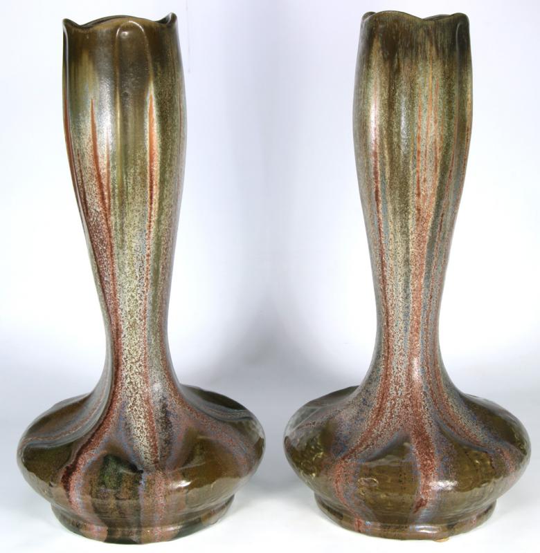 A 19-INCH PAIR OF BELGIAN ART POTTERY VASES