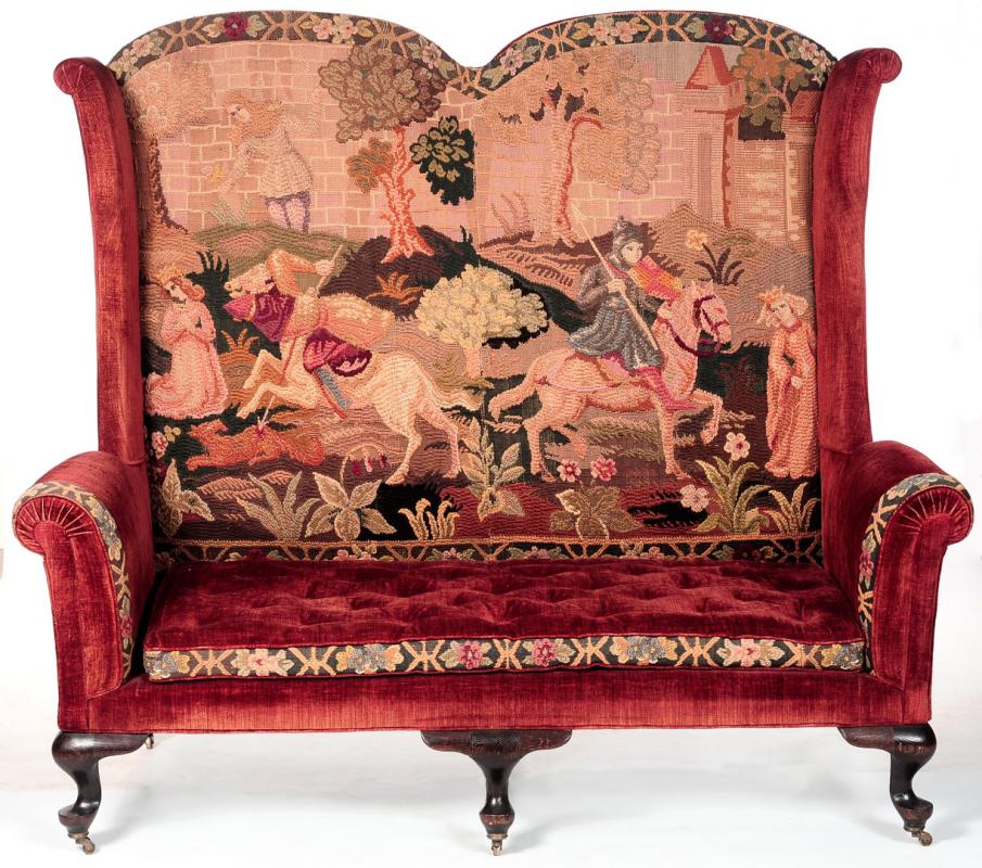 AN QUEEN ANNE HIGH-BACK SETTEE IN FRENCH TAPESTRY