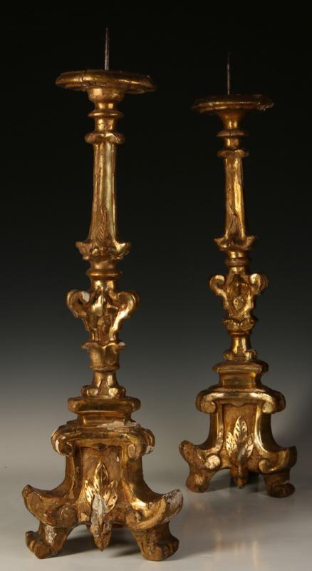 A PAIR OF 18TH C. GESSOED AND GOLD LEAF PRICKET STICKS