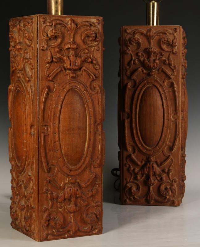 TWO LAMPS CONSTRUCTED FROM ITALIAN CARVED WOOD PANELS