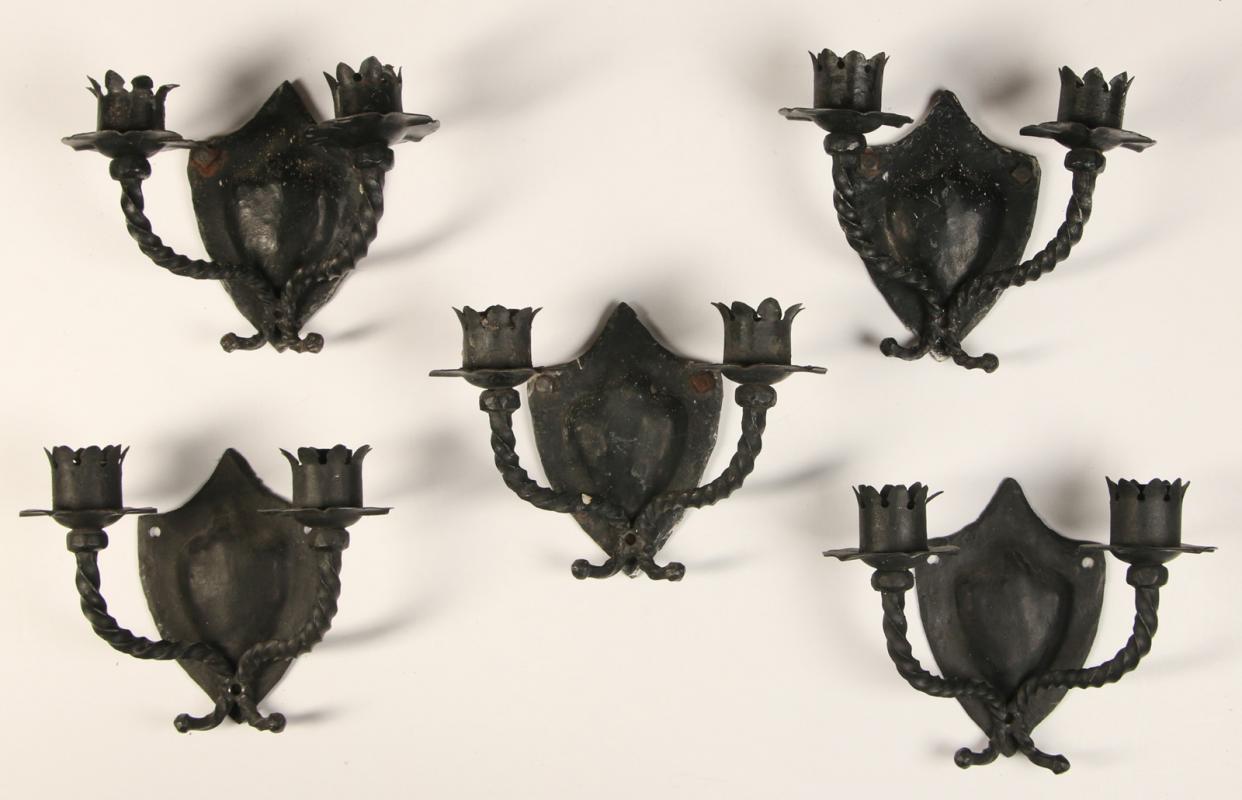 FIVE WROUGHT IRON SCONCES WITH HERALDIC SHIELD MOTIF