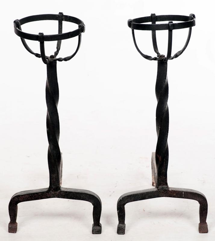 A PAIR EARLY 19TH C. FORGED IRON POSSET POT ANDIRONS