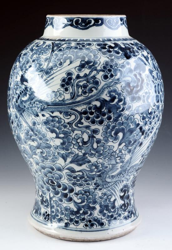 CHINESE 13-INCH BLUE AND WHITE VASE WITH CRANES