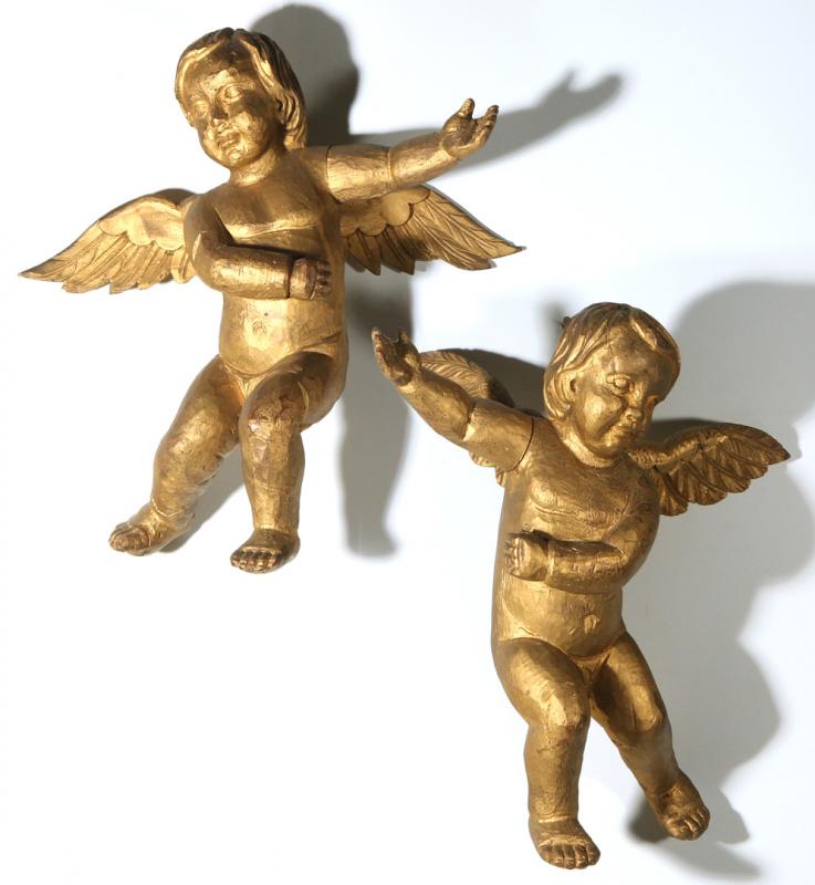 TWO CARVED WOOD FULL-BODIED CHERUBS IN FLIGHT