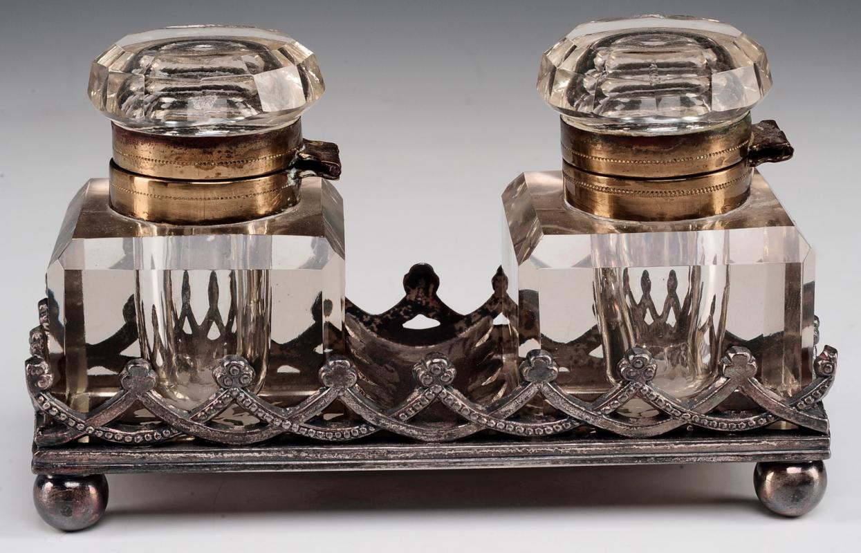 A CIRCA 1900 SILVER PLATED DOUBLE INKWELL